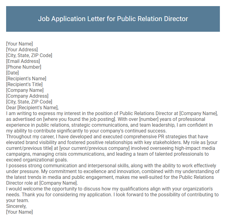 Job Application Letter for Public Relation Director
