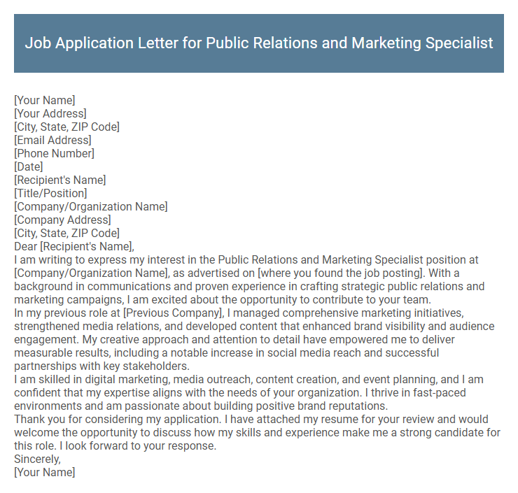 Job Application Letter for Public Relations and Marketing Specialist