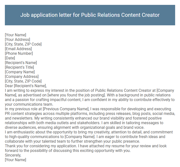 Job application letter for Public Relations Content Creator