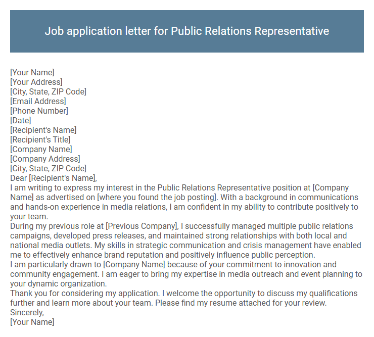 Job application letter for Public Relations Representative