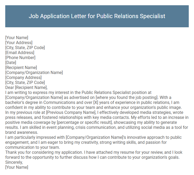 Job Application Letter for Public Relations Specialist