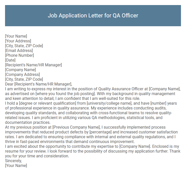 Job Application Letter for QA Officer