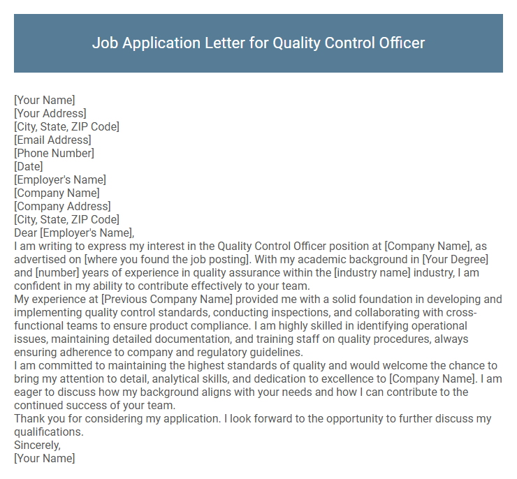Job Application Letter for Quality Control Officer