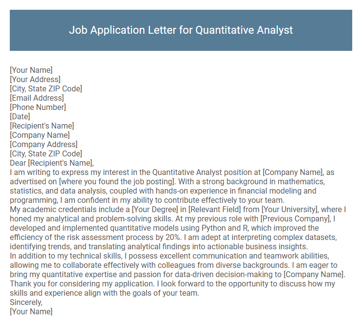Job Application Letter for Quantitative Analyst