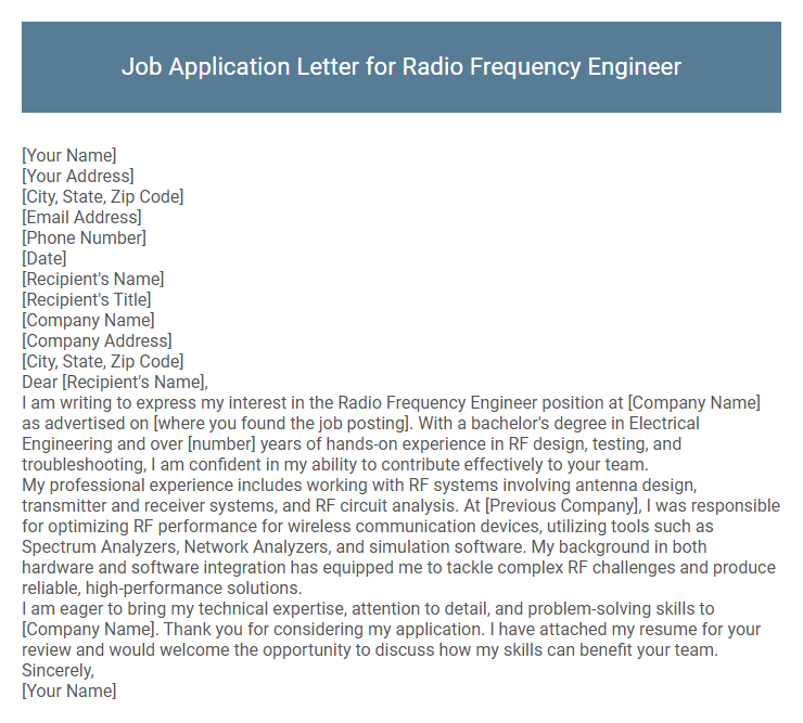 Job Application Letter for Radio Frequency Engineer