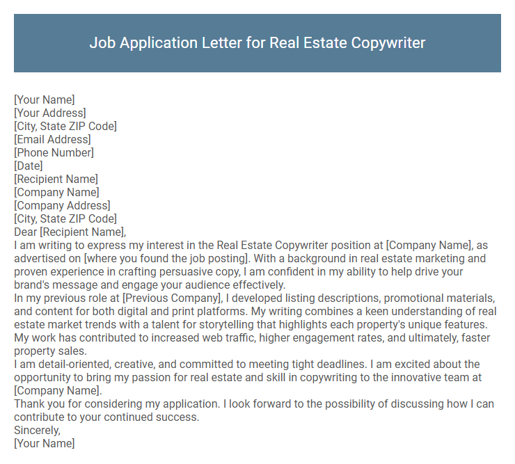 Job Application Letter for Real Estate Copywriter