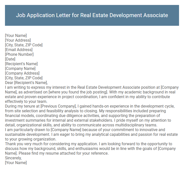 Job Application Letter for Real Estate Development Associate