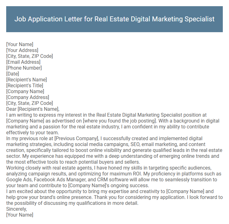 Job Application Letter for Real Estate Digital Marketing Specialist