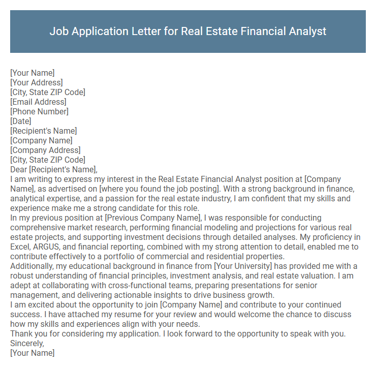 Job Application Letter for Real Estate Financial Analyst