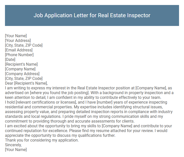 Job Application Letter for Real Estate Inspector