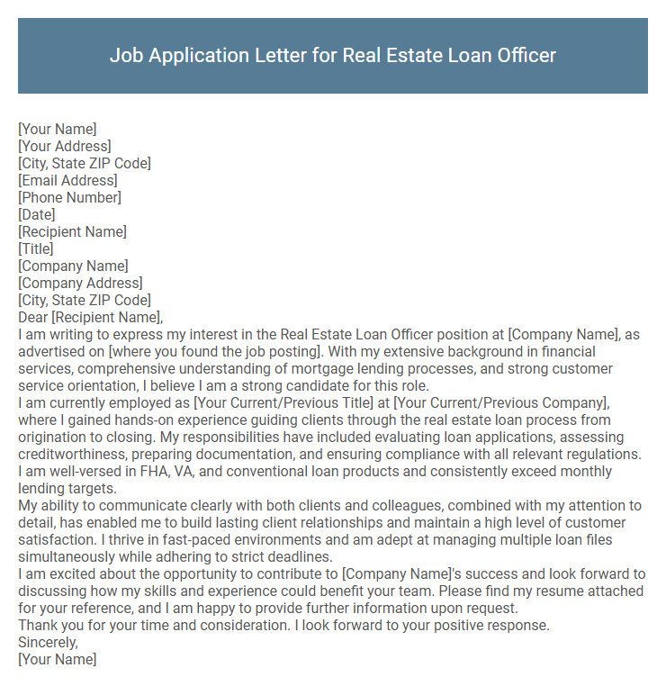 Job Application Letter for Real Estate Loan Officer