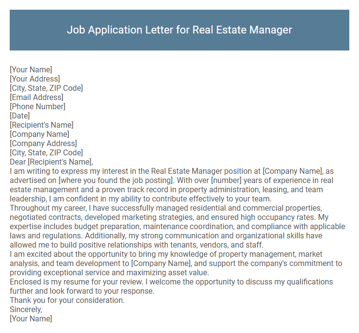 Job Application Letter for Real Estate Manager