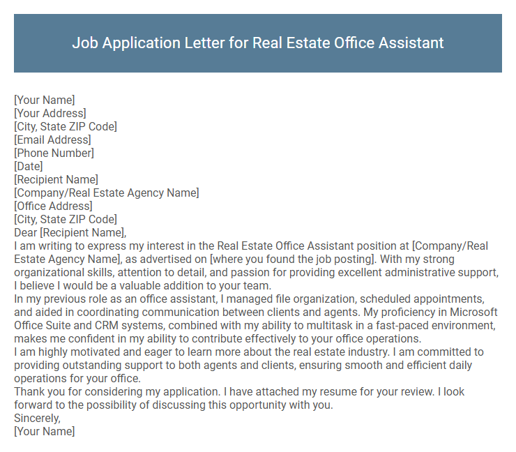 Job Application Letter for Real Estate Office Assistant
