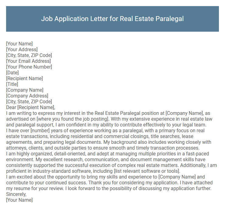 Job Application Letter for Real Estate Paralegal
