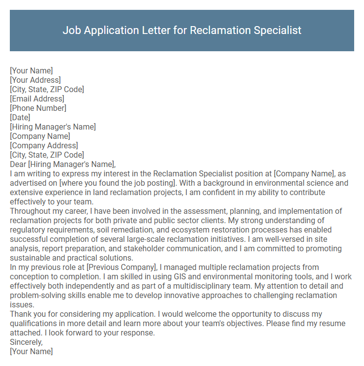 Job Application Letter for Reclamation Specialist