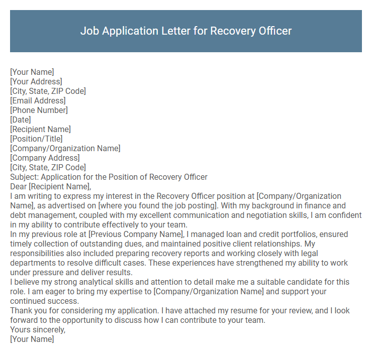 Job Application Letter for Recovery Officer