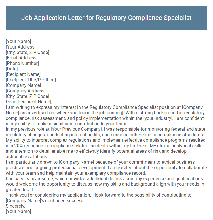 Job Application Letter for Regulatory Compliance Specialist