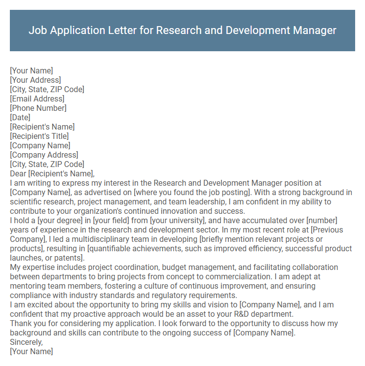 Job Application Letter for Research and Development Manager