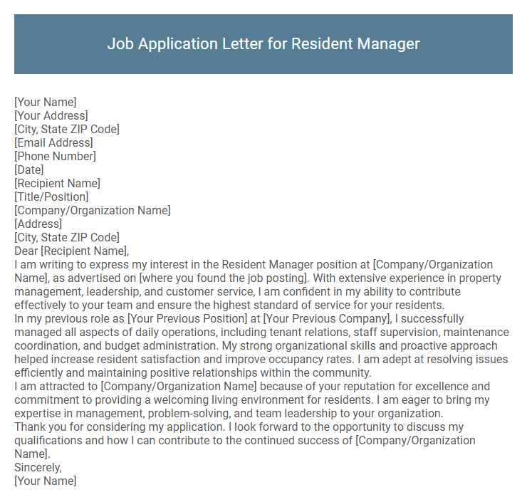 Job Application Letter for Resident Manager