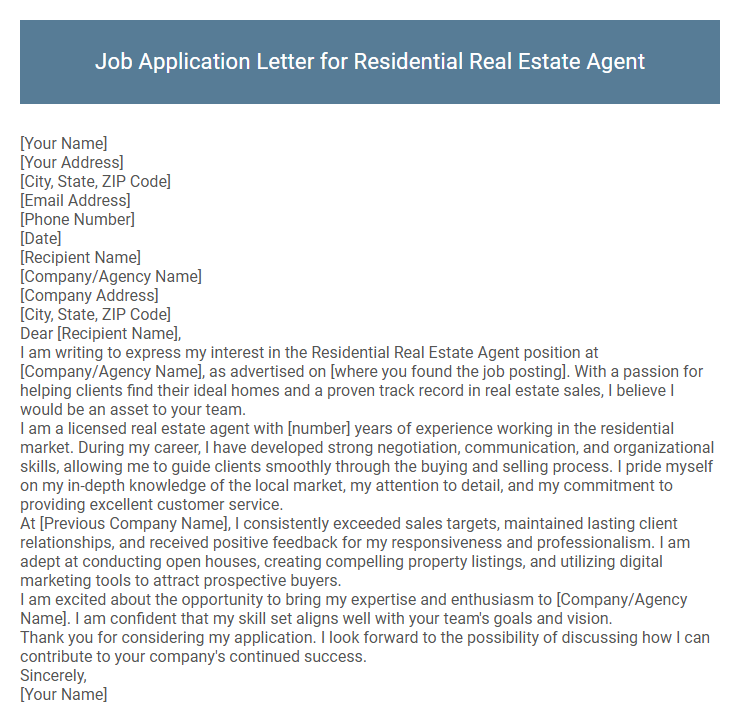 Job Application Letter for Residential Real Estate Agent