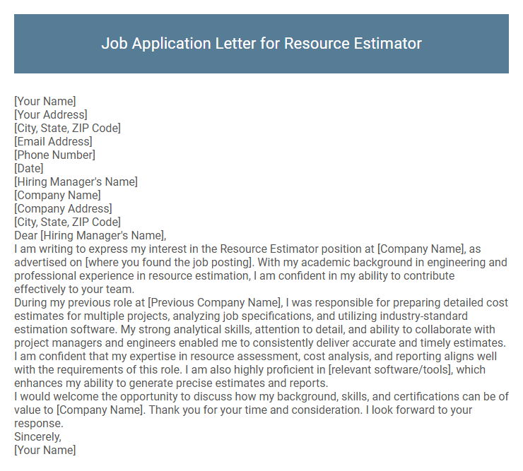 Job Application Letter for Resource Estimator