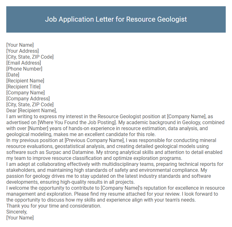 Job Application Letter for Resource Geologist