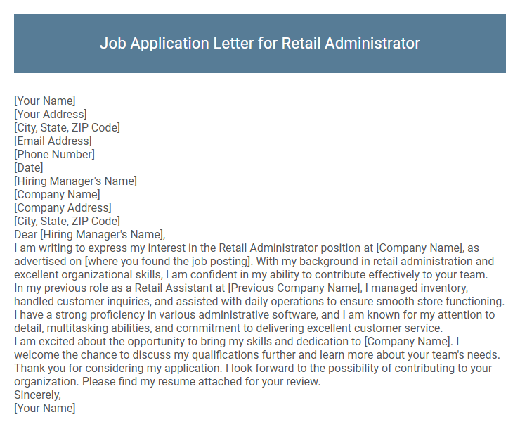 Job Application Letter for Retail Administrator