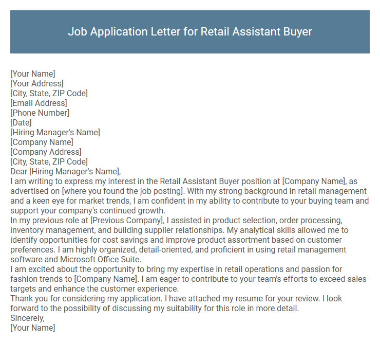 Job Application Letter for Retail Assistant Buyer