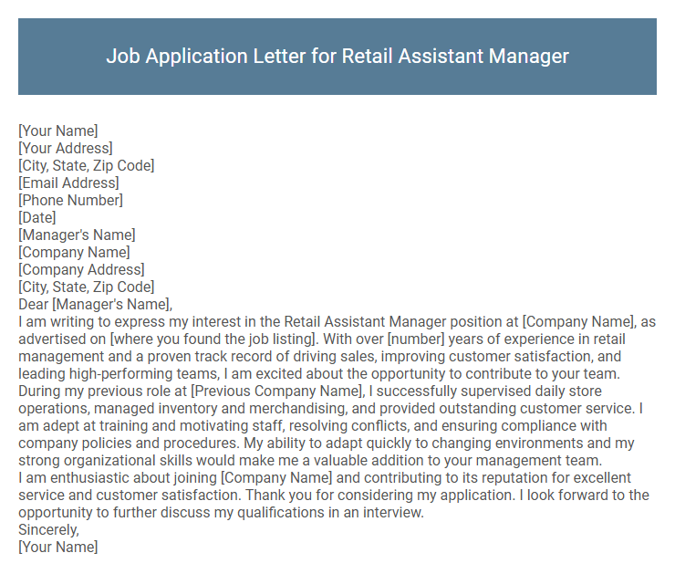 Job Application Letter for Retail Assistant Manager