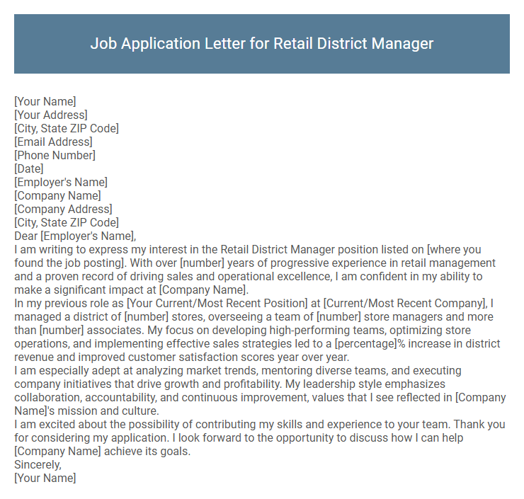 Job Application Letter for Retail District Manager
