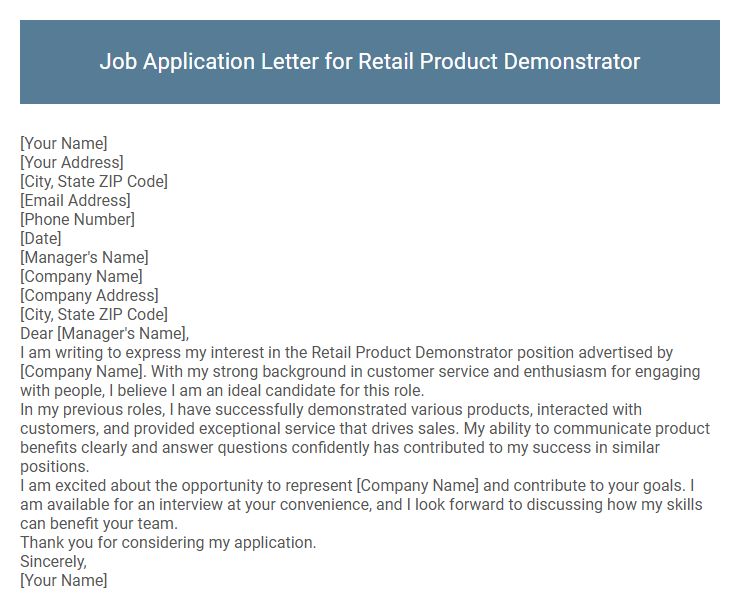 Job Application Letter for Retail Product Demonstrator