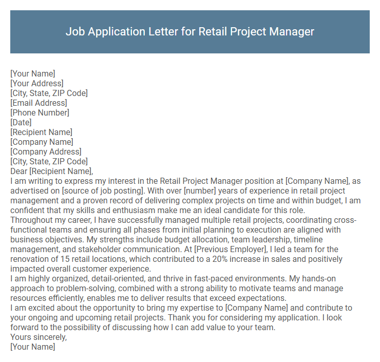 Job Application Letter for Retail Project Manager