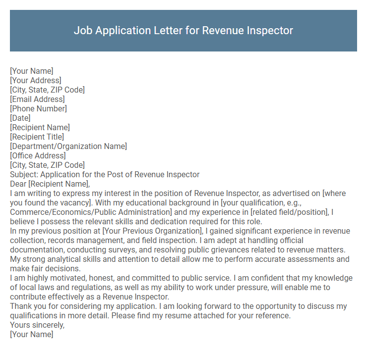 Job Application Letter for Revenue Inspector