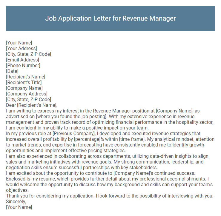 Job Application Letter for Revenue Manager