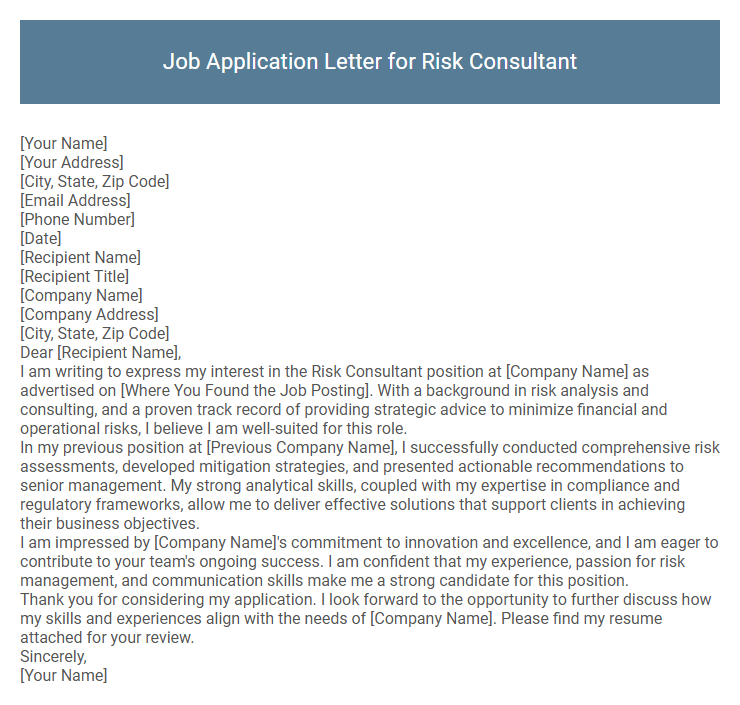 Job Application Letter for Risk Consultant