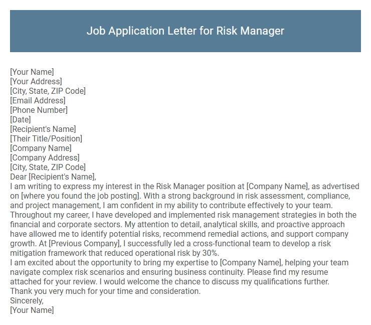 Job Application Letter for Risk Manager