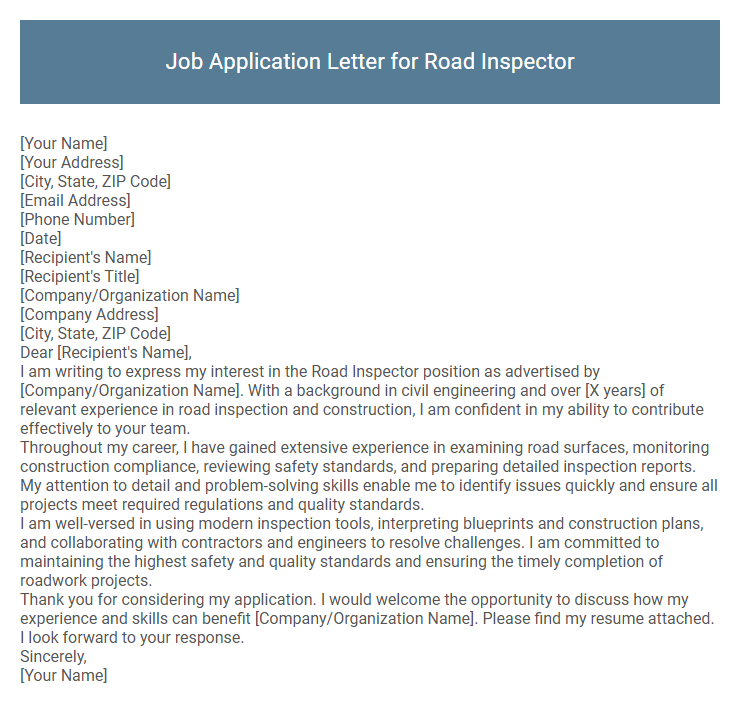 Job Application Letter for Road Inspector