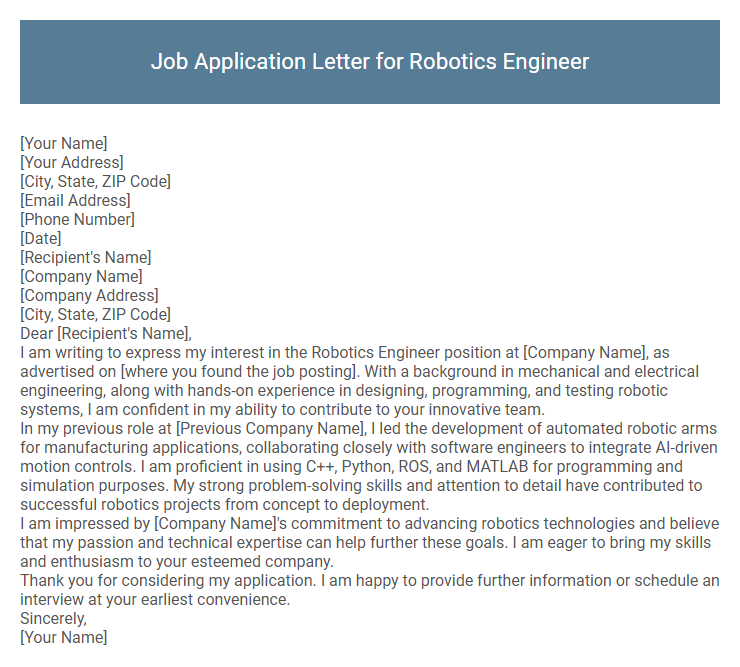 Job Application Letter for Robotics Engineer