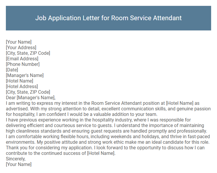 Job Application Letter for Room Service Attendant