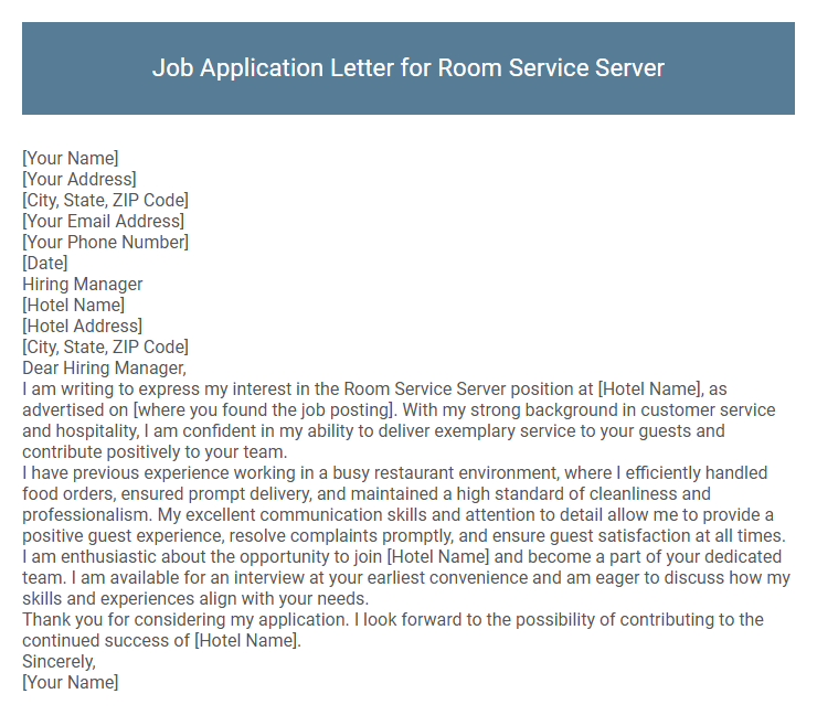 Job Application Letter for Room Service Server