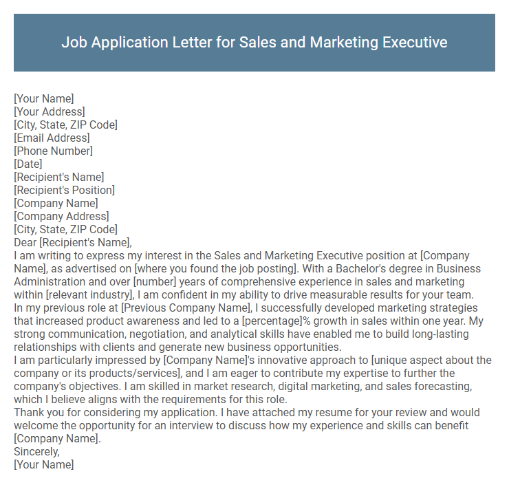 Job Application Letter for Sales and Marketing Executive