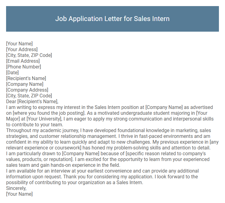 Job Application Letter for Sales Intern