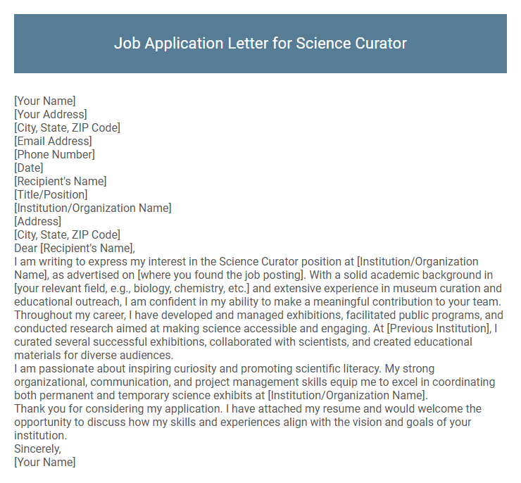 Job Application Letter for Science Curator