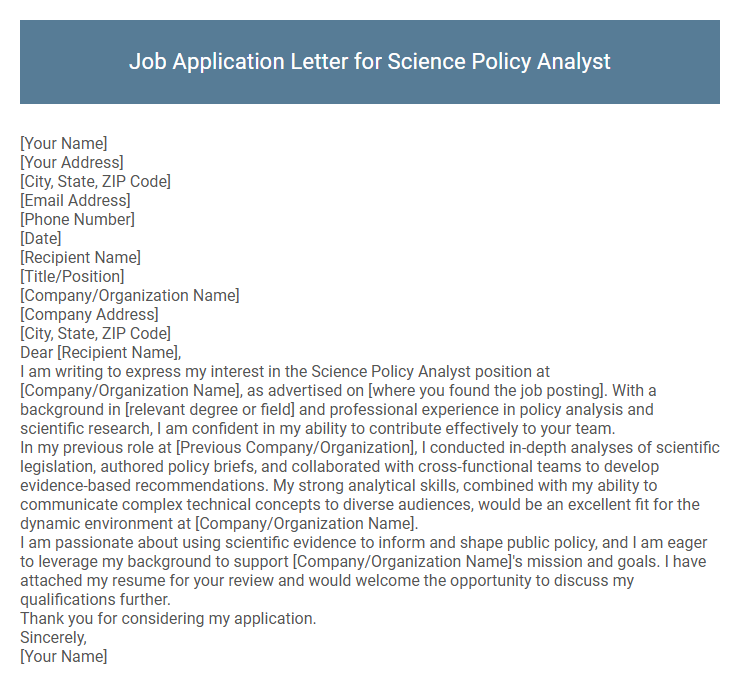 Job Application Letter for Science Policy Analyst