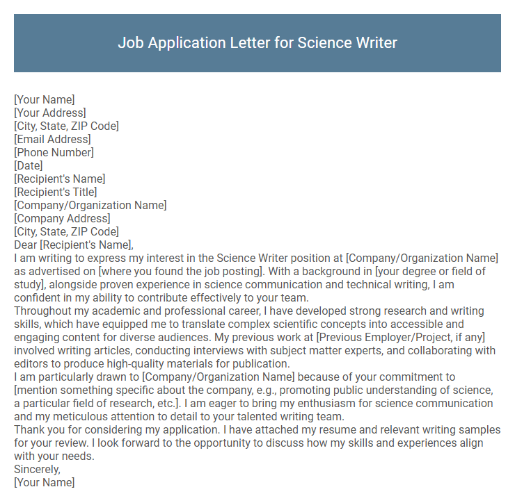 Job Application Letter for Science Writer
