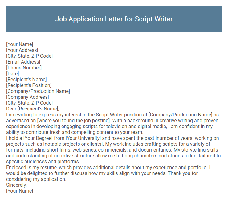 Job Application Letter for Script Writer