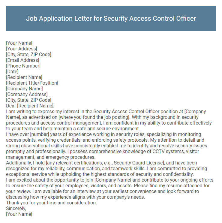 Job Application Letter for Security Access Control Officer