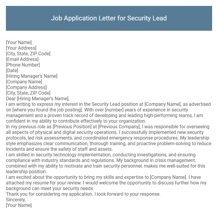 Job Application Letter for Security Lead