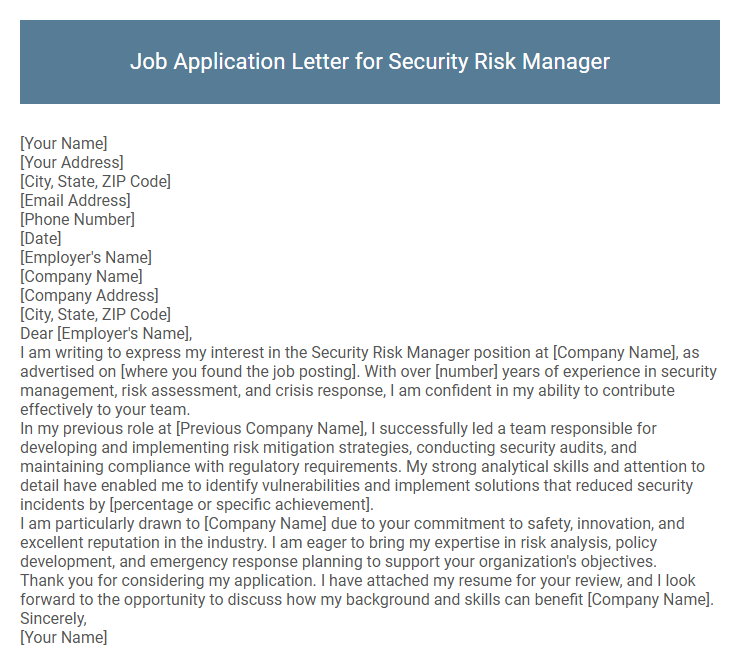Job Application Letter for Security Risk Manager