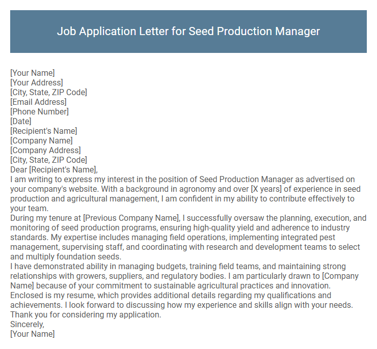 Job Application Letter for Seed Production Manager